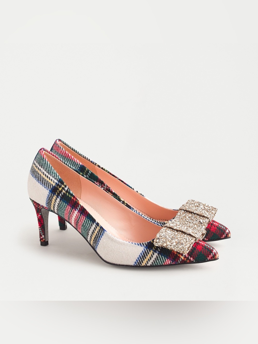 J. Crew Colette Pumps in Snowy Tartan with Crystal Bow